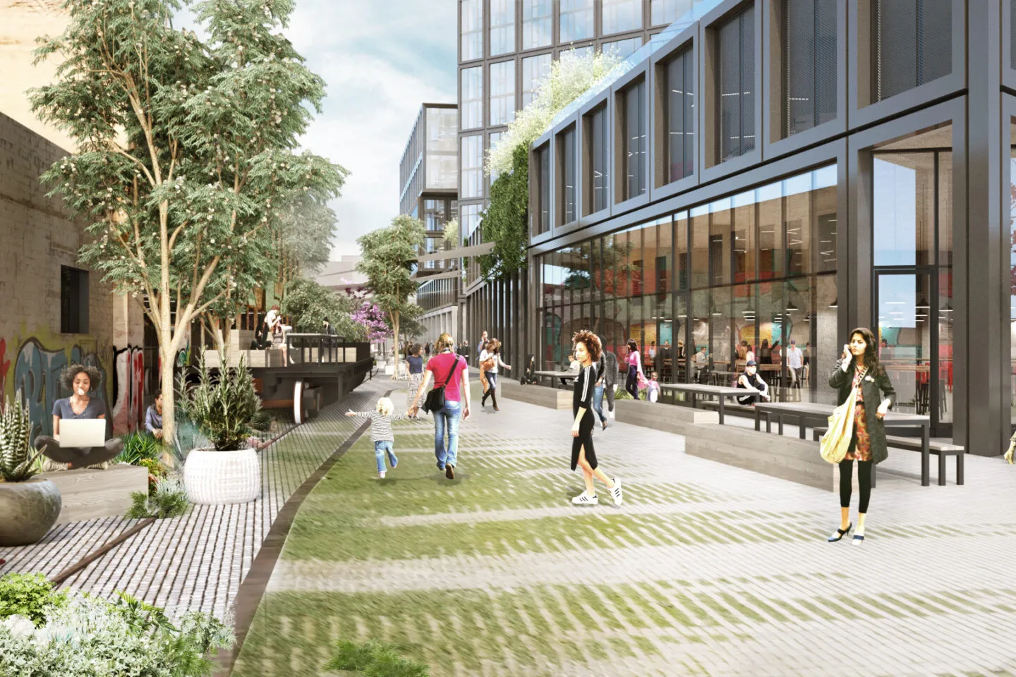 A rendering of the pedestrian paseo at Alloy.