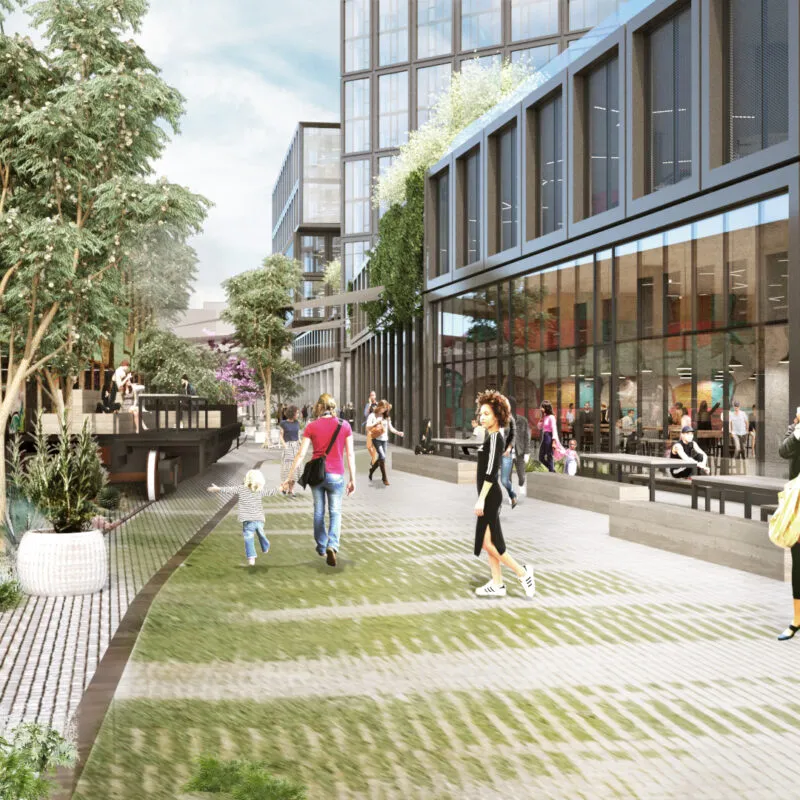 A rendering of the pedestrian paseo at Alloy.