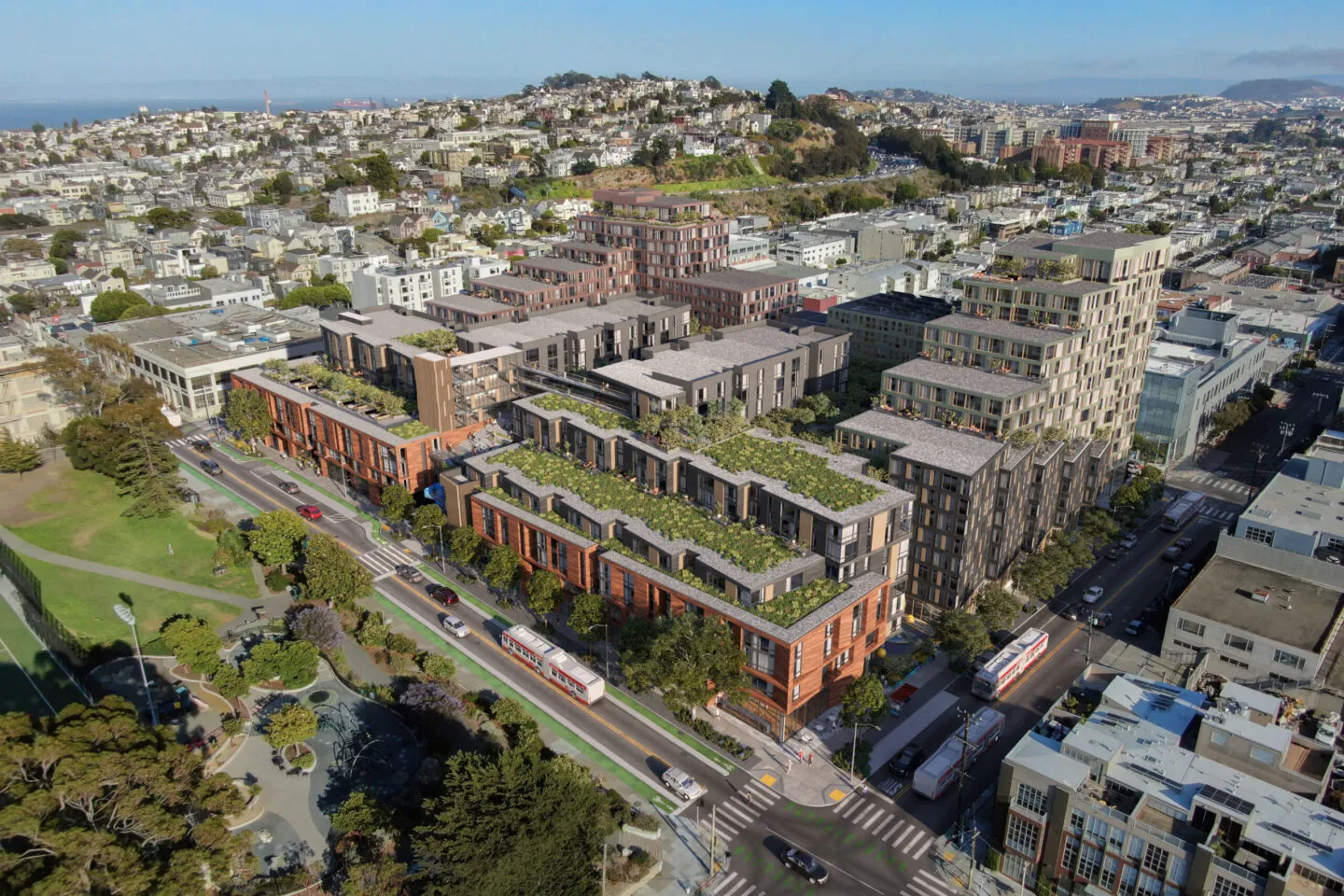 Aerial view rendering of development looking northwest with Pacific Ocean in background.