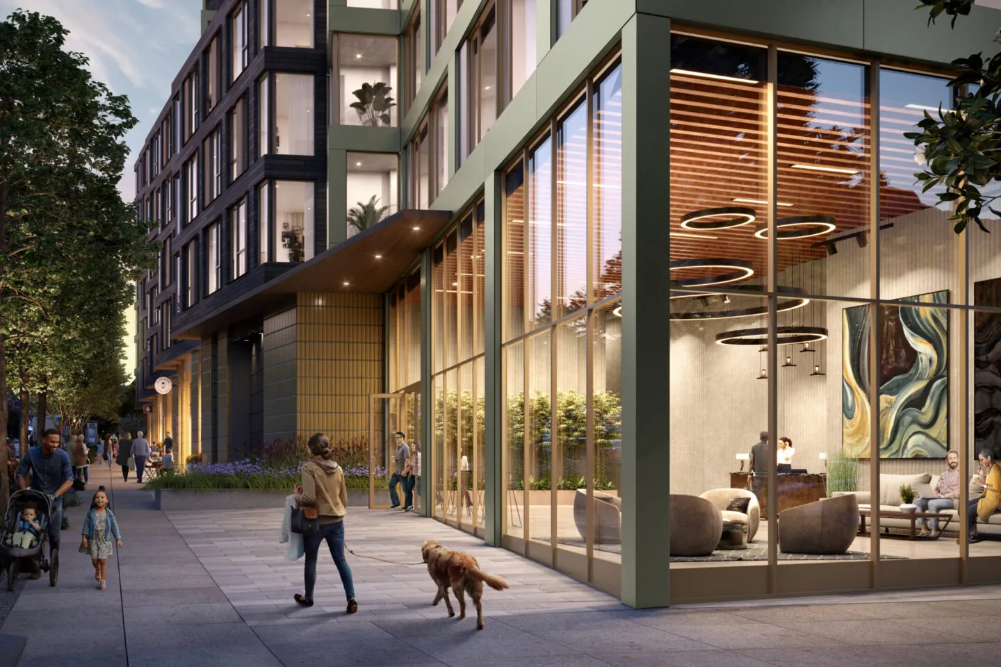 Residential lobby with man walking dog on sidewalk