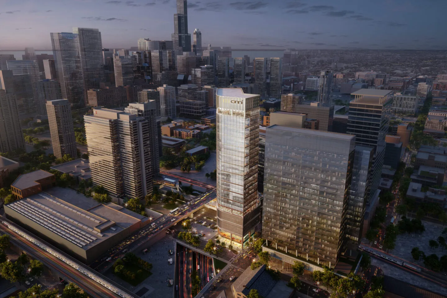357 North Green building rendering and view of downtown Chicago