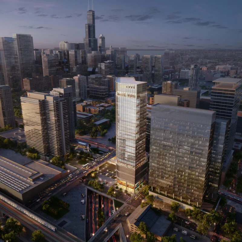 357 North Green building rendering and view of downtown Chicago