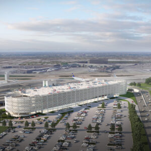 An aerial view of the T5 Garage at Chicago O'Hare Airport