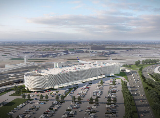 An aerial view of the T5 Garage at Chicago O'Hare Airport