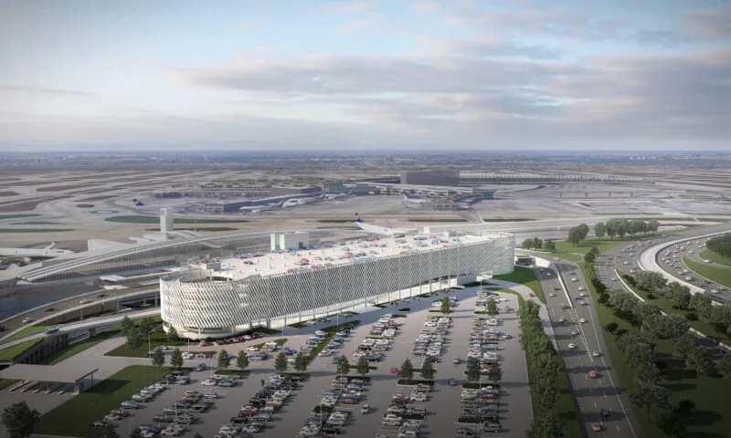 An aerial view of the T5 Garage at Chicago O'Hare Airport